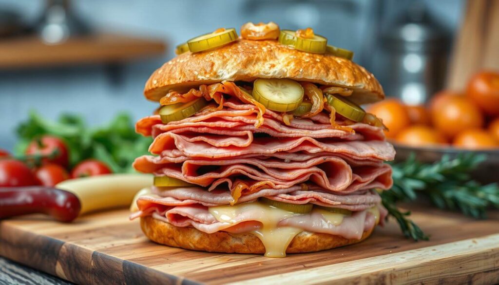 Meat and Pickle Sandwich with Caramelized Onions
